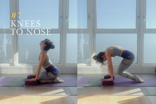 A woman showing bringing knees to nose on table top