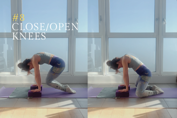 A woman showing opening and closing her knees with yoga blocks under her hands.