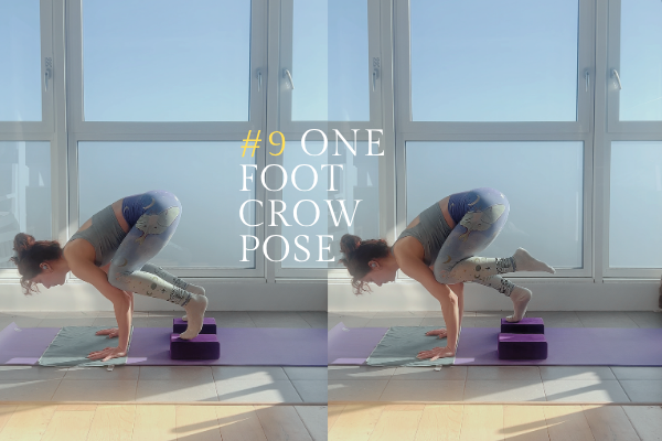 A woman showing how to lift one foot at a time for crow pose with block under her feet